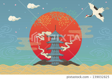 背景插圖以日本傳統圖案為特色:五層寶塔、仙鶴、煙火和紅日。 背景插圖以日本傳統圖案為特色:五層寶塔、仙鶴、煙火和紅日。 139032825