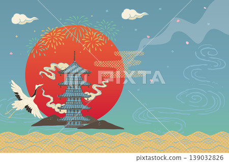 背景插圖以日本傳統圖案為特色：五層寶塔、仙鶴、煙火和紅日。 139032826