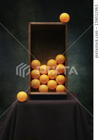 Still life with orange balloons and a wooden box Still life with orange balloons and a wooden box 139032963