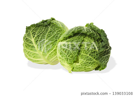 Two heads of cabbage on display with fresh leaves, isolated, PNG 139033108