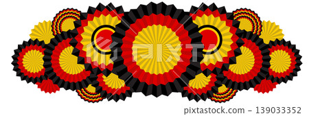 Strong german ribbon border with layered rosette waves and graphic scallops. A festive patriotic banner for posters and layouts with dynamic horizontal composition Strong german ribbon border with layered rosette waves and graphic scallops. A festive patriotic banner for posters and layouts with dynamic horizontal composition 139033352