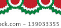 Seamless italian style border with repeating rosette shapes and ribbon waves. A patriotic decoration element for posters and banners with festive celebration concept and white space 139033355