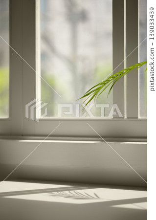 Natural Sunlight and Leaf Shadows on Window and Wooden Floor Background. 139033439