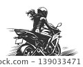 Female Biker Riding Sport Motorcycle Rear View 139033471