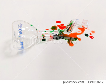 A broken Erlenmeyer flask and spilled chemicals create a striking visual of a science experiment gone wrong A broken Erlenmeyer flask and spilled chemicals create a striking visual of a science experiment gone wrong 139033647