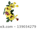 yellow flowers orchids arrangement flat lay postcard style in spring season  139034279