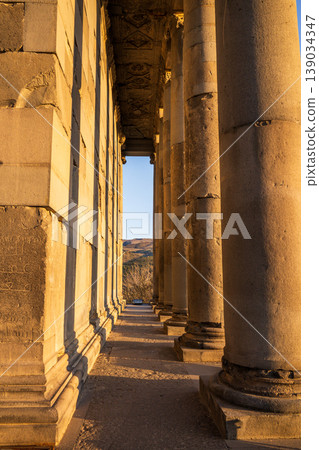 Long row of massive stone pillars under golden afternoon sun 139034347