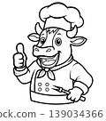 Happy Chef Cow Mascot Giving Thumbs Up Line Art 139034366