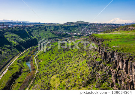 Aerial view of a scenic valley with green slopes, a meandering river Aerial view of a scenic valley with green slopes, a meandering river 139034564
