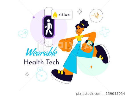 Wearable Health Tech Vector Illustration Smartwatch Fitness Tracker Monitoring Heart Rate Steps Calories and Digital Healthcare Innovation Design Wearable Health Tech Vector Illustration Smartwatch Fitness Tracker Monitoring Heart Rate Steps Calories and Digital Healthcare Innovation Design 139035034