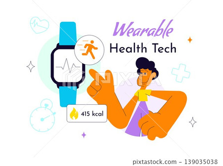 Wearable Health Tech Vector Illustration Smartwatch Fitness Tracker Monitoring Heart Rate Steps Calories and Digital Healthcare Innovation Design Wearable Health Tech Vector Illustration Smartwatch Fitness Tracker Monitoring Heart Rate Steps Calories and Digital Healthcare Innovation Design 139035038