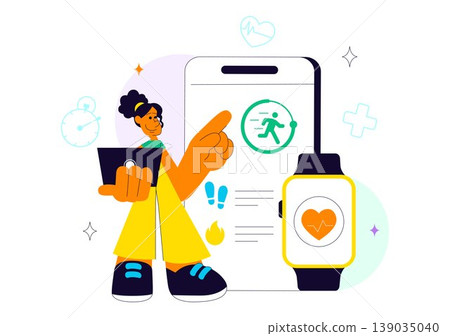 Wearable Health Tech Vector Illustration Smartwatch Fitness Tracker Monitoring Heart Rate Steps Calories and Digital Healthcare Innovation Design Wearable Health Tech Vector Illustration Smartwatch Fitness Tracker Monitoring Heart Rate Steps Calories and Digital Healthcare Innovation Design 139035040