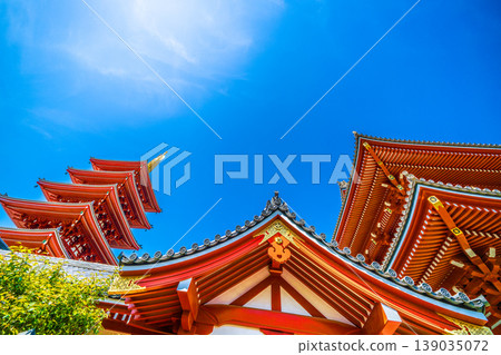 Tokyo cityscape, April 12th. Senso-ji Temple in Tokyo under a clear blue sky. Tokyo cityscape, April 12th. Senso-ji Temple in Tokyo under a clear blue sky. 139035072
