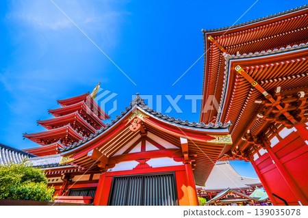 Tokyo cityscape, April 12th. Senso-ji Temple in Tokyo under a clear blue sky. Tokyo cityscape, April 12th. Senso-ji Temple in Tokyo under a clear blue sky. 139035078