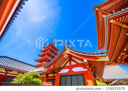 Tokyo cityscape, April 12th. Senso-ji Temple in Tokyo under a clear blue sky. Tokyo cityscape, April 12th. Senso-ji Temple in Tokyo under a clear blue sky. 139035079