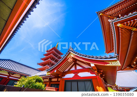 Tokyo cityscape, April 12th. Senso-ji Temple in Tokyo under a clear blue sky. Tokyo cityscape, April 12th. Senso-ji Temple in Tokyo under a clear blue sky. 139035080