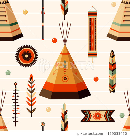 Vector seamless pattern (tiling) with American Indian tribal ornament and teepee. Endless texture can be used for pattern fills, t-shirt print, web page background, fabric design, scrapbooking paper 139035450