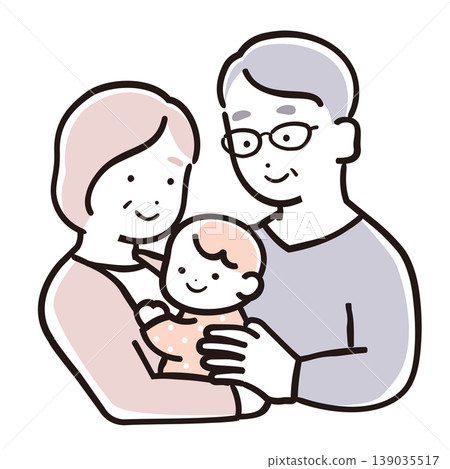 A warm family illustration featuring grandparents and a baby in simple colors; a senior couple watching over the baby while holding it. A warm family illustration featuring grandparents and a baby in simple colors; a senior couple watching over the baby while holding it. 139035517