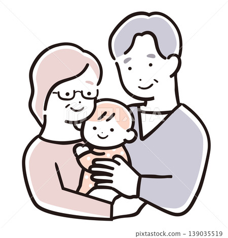 一幅溫馨的家庭插畫,色彩簡潔,描繪了祖父母和嬰兒;一對老年夫婦抱著嬰兒,注視著他。 一幅溫馨的家庭插畫,色彩簡潔,描繪了祖父母和嬰兒;一對老年夫婦抱著嬰兒,注視著他。 139035519