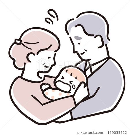 Grandparents bewildered by a baby with simple colors; an illustration of a senior couple struggling with childcare. Grandparents bewildered by a baby with simple colors; an illustration of a senior couple struggling with childcare. 139035522