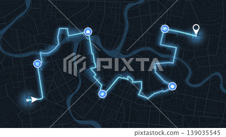Dark city map with glowing navigation route connecting various points of interest icons. Vector illustration. Dark city map with glowing navigation route connecting various points of interest icons. Vector illustration. 139035545