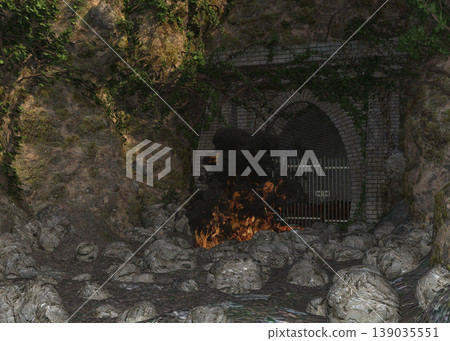 3D Cave Entrance with Gated Tunnel and Foliage 3D Cave Entrance with Gated Tunnel and Foliage 139035551