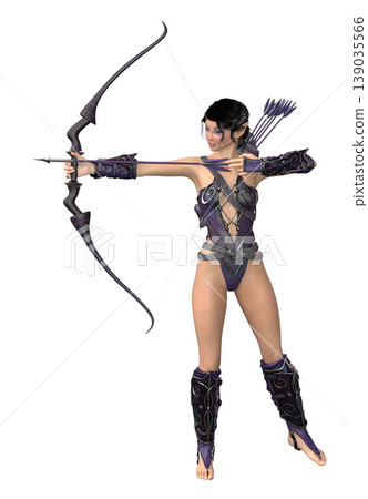 3D Female Archer in Purple Hooded Outfit with Bow 139035566