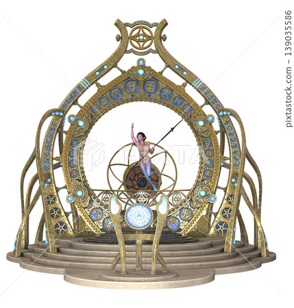3D Ornate Golden Portal with Female Figure 139035586