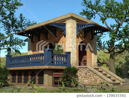 3D Rendered Mediterranean Style House with Balcony 3D Rendered Mediterranean Style House with Balcony 139035591