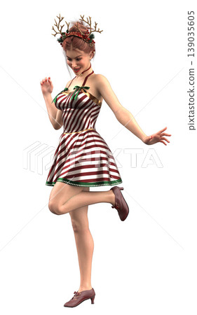 3D Woman in Candy Striped Dress with Reindeer Antlers 139035605