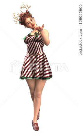 3D Woman in Candy Striped Dress with Reindeer Antlers 139035606