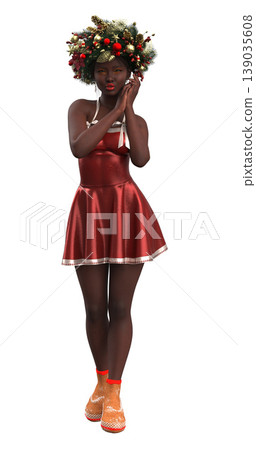 3D Woman in Festive Red Dress with Holiday Wreath Crown 139035608