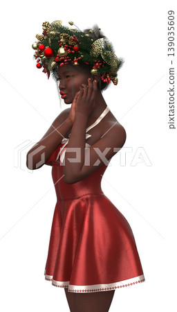 3D Woman in Festive Red Dress with Holiday Wreath Crown 139035609