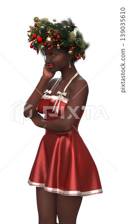 3D Woman in Festive Red Dress with Holiday Wreath Crown 139035610