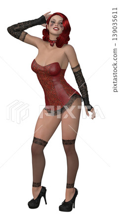 3D Woman in Red Corset with Lace Gloves and Boots 139035611
