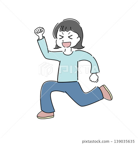 A simple full-body illustration of a woman jumping and making a victory pose (success, achievement, joy, person). A simple full-body illustration of a woman jumping and making a victory pose (success, achievement, joy, person). 139035635