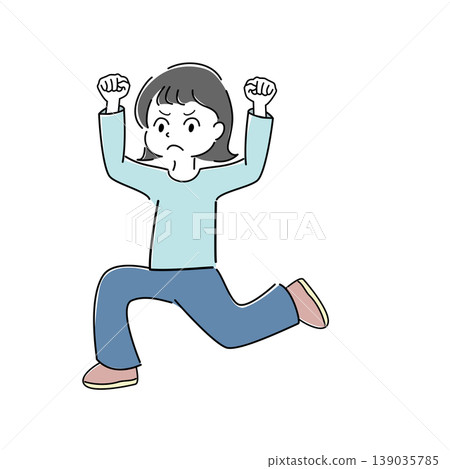 一個簡單的全身插圖，描繪了一位憤怒地跳起來並擺出勝利姿勢的女性（不滿、壓力、人物）。 139035785