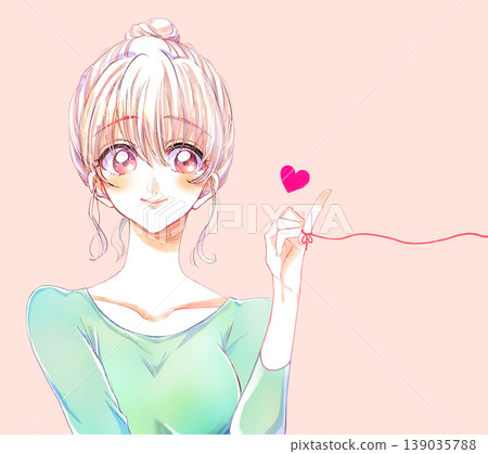 A woman with a bun hairstyle tied with the red thread of fate A woman with a bun hairstyle tied with the red thread of fate 139035788