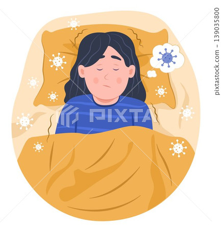 Sick Girl Kid Lying in Bed with Flu Virus Around for Fever and Healthcare Concept Illustration Clip Art Sick Girl Kid Lying in Bed with Flu Virus Around for Fever and Healthcare Concept Illustration Clip Art 139035800