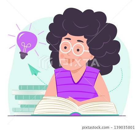 Happy Cute Student Pupil Girl Read a Book and Imagine for Reading and Education Concept Illustration Clip Art 139035801