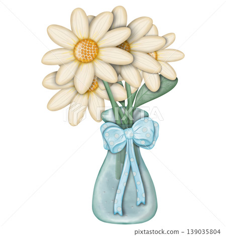 Daisy cute hand drawn, Flower watercolor spring floral bouquet Decorative with ribbon set. Hand drawn pastel flower, leaf, Cute nature element design. for decoration card.	 139035804