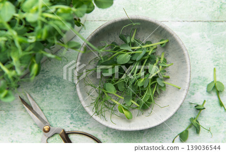 Fresh pea shoots harvested in bowl with scissors Fresh pea shoots harvested in bowl with scissors 139036544
