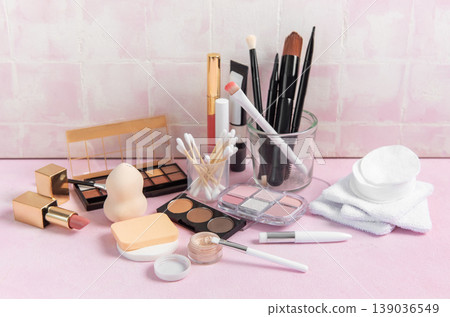 Cosmetics, makeup products and tools for beauty routine Cosmetics, makeup products and tools for beauty routine 139036549