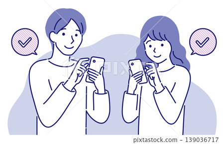 A couple in casual clothes using their smartphones for shopping and apps. A couple in casual clothes using their smartphones for shopping and apps. 139036717