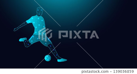 Low poly wireframe football player kicking ball. Low poly wireframe football player kicking ball. 139036859