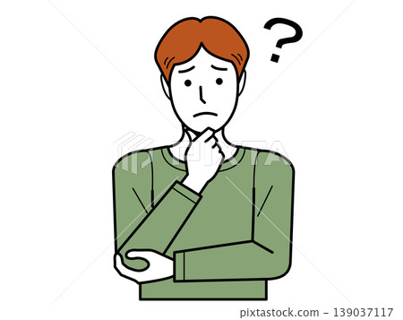 Facing forward. A young man in a T-shirt with his hand on his chin and a troubled expression. Part 2 Facing forward. A young man in a T-shirt with his hand on his chin and a troubled expression. Part 2 139037117