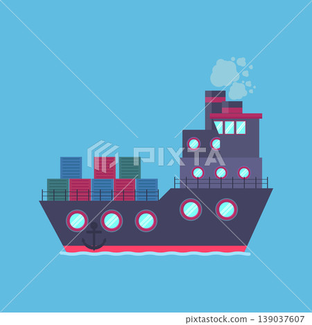 Cargo Ship with Containers Flat Illustration Cargo Ship with Containers Flat Illustration 139037607