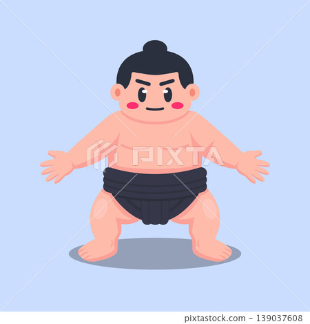 Cute Cartoon Sumo Wrestler Flat Vector Illustration on Blue Background 139037608