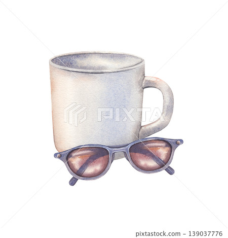 Hand-painted watercolor of white mug and blue sunglasses isolated on white. Perfect for lifestyle, summer, tea, coffee themes, branding, advertising, editorial design, posters, websites, packaging 139037776