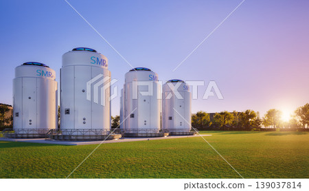 Group of smr or small modular nuclear reactors power plant against twilight sky Group of smr or small modular nuclear reactors power plant against twilight sky 139037814